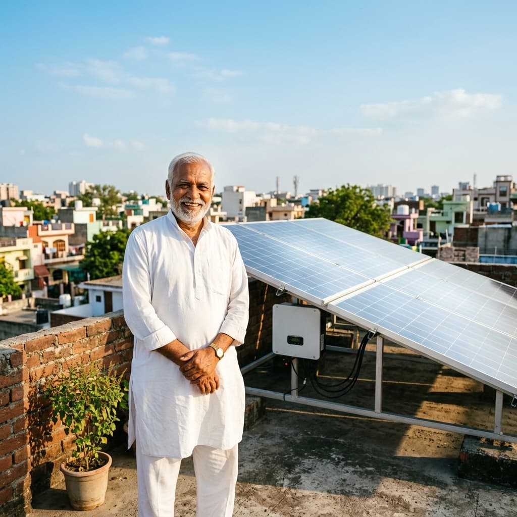 Indian Senior Homeowner Solar Rooftop Background